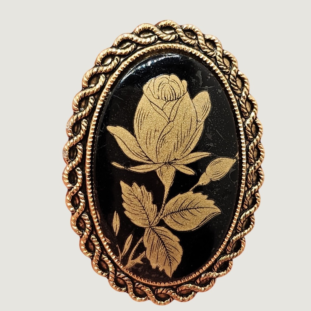Vintage Western Germany Gold Rose Black Oval Scarf Clip Floral Victorian Style